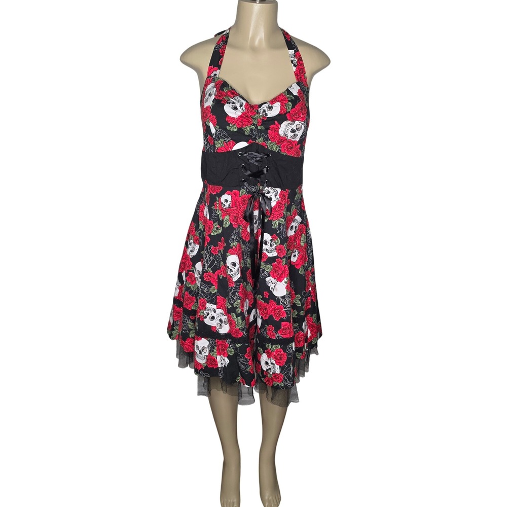 Torrid Dress Womens 12 Black Skull Rose Halter Corset Fit Flare Rockabilly Goth